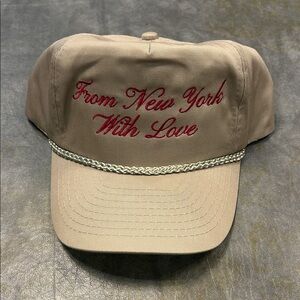 Nissin Beige red embroidered text that reads "From New York With Love" Hat